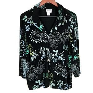 Coldwater Creek Large Black Green Slinky Long Sleeve Jacket Blouse Shirt Top